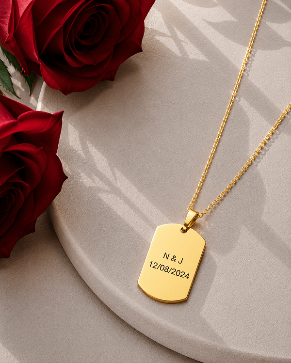 Collier plaque doré personnalisé - Memory Tag gravé Florare Collier plaque Memory Tag dorée personnalisée Florare, gravure prénom et date, cadeau bijou homme