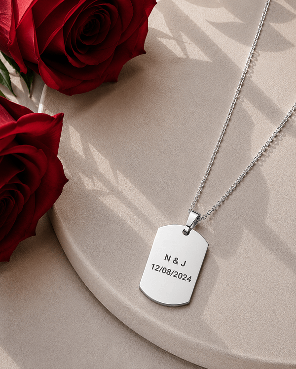 Collier plaque argenté personnalisé - Memory Tag gravé Florare Collier plaque Memory Tag argentée en acier inoxydable personnalisée Florare, gravure prénom et date, cadeau